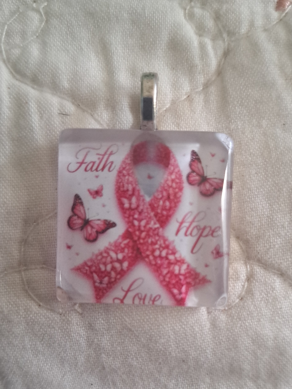 Pink Ribbon Faith Hope Love Pendant Necklace with Butterfly Accents